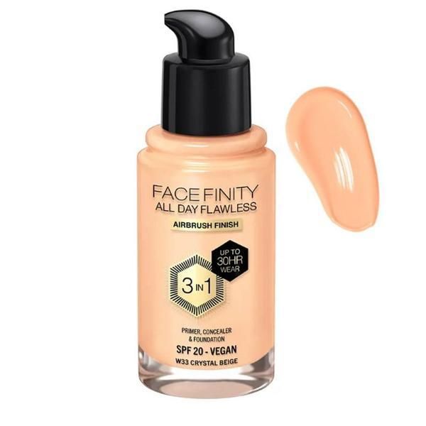 Max Factor Фон дьо тен 3 в 1 Max Factor Facefinity All Day Flawless Airbrush Finish 3 in1 SPF 20 Vegan, нюанс W33 Crystal Beige, 30 мл