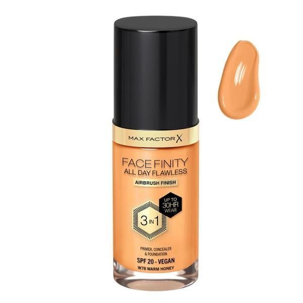 Max Factor Фон дьо тен 3 в 1 Max Factor Facefinity All Day Flawless Airbrush Finish 3 in1 SPF 20 Vegan, нюанс W78 Warm Honey, 30 мл