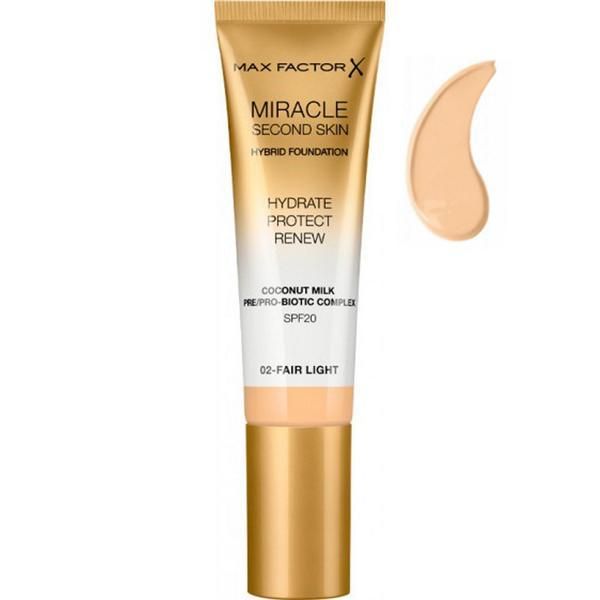 Max Factor Фон дьо тен - Max Factor Miracle Second Skin Hybrid Foundation SPF 20, нюанс 02 Fair Light, 30 мл