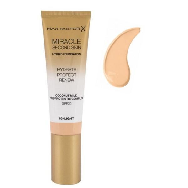 Max Factor Фон дьо тен - Max Factor Miracle Second Skin Hybrid Foundation SPF 20, нюанс 03 Light, 30 мл