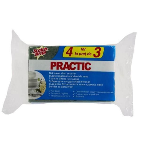 3M Гъба за съдове с защита на ноктите със стандартна форма - 3M Scotch Brite Practical Nail Saver Dish Scourer, 4 бр