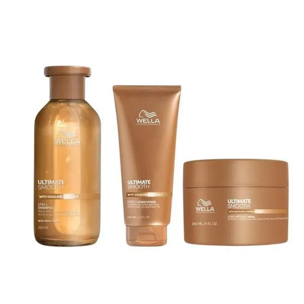 Wella Professionals Хидратиращ пакет за суха и безжизнена коса със сквалан и омега 9 - Wella Professionals Ultimate Smooth с антистатичен ефект: Шампоан 250 мл, Балсам 200 мл,