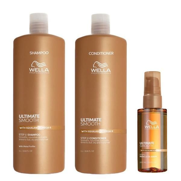 Wella Professionals Хидратиращ пакет за суха и изтощена коса Wella Professionals Ultimate Smooth: Шампоан 1000 мл + Балсам 1000 мл + Масло 100 мл