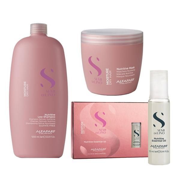 Alfaparf Milano Хидратиращ пакет за суха коса Alfaparf Semi di Lino Moisture &ndash; Шампоан 1000мл, Маска 500мл, Лечебен серум 6 плика x 13мл