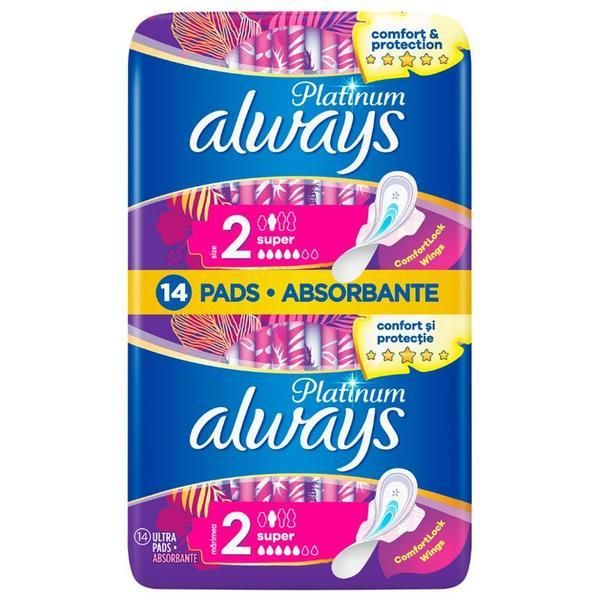 Always Хигиенни абсорбиращи подложки - Always Platinum Super Duo, размер 2, 14 бр