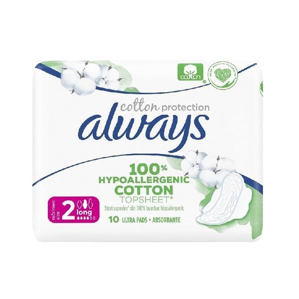 Always Хигиенни абсорбиращи превръзки от хипоалергичен памук - Always Naturals Single Cotton Protection, размер 2, 10 бр