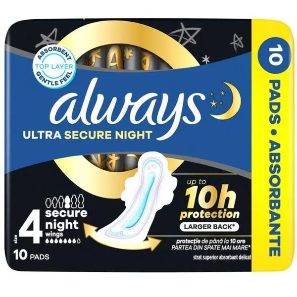 Always Хигиенни превръзки - Always Ultra Secure Night, единична опаковка, размер 4, 10 бр