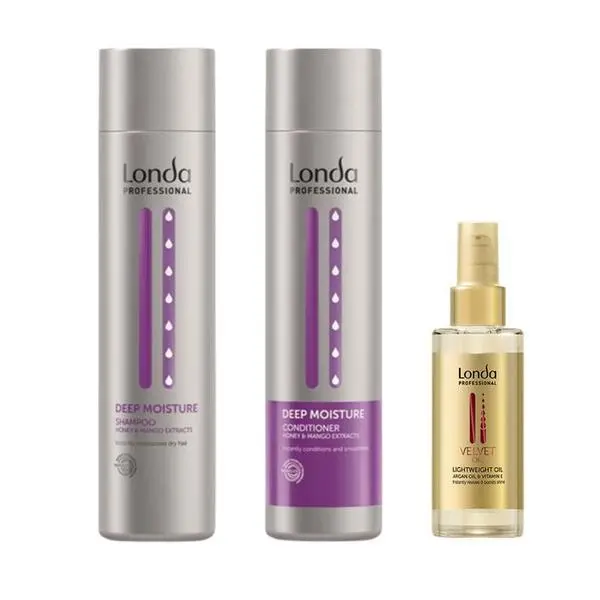 Londa Professional Интензивно хидратиращ пакет - Londa Professional Deep Moisture &amp; Velvet Oil: Шампоан 250 мл, Балсам 200 мл, Арганово масло 30 мл