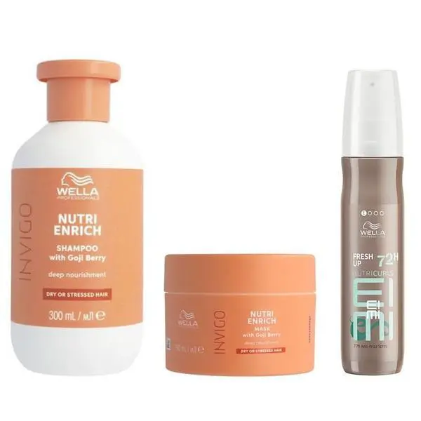 Wella Professionals Интензивно подхранващ пакет за къдрава, суха и увредена коса - Wella Professionals Nutri-Enrich &amp; Eimi Nutricurls: Шампоан 300 мл, Маска 150 мл, Спрей 150 мл