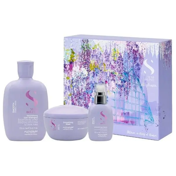 Alfaparf Milano Изглаждащ подаръчен комплект за непокорна коса - Alfaparf Milano Semi Di Lino Smooth Holiday Kit за непокорна коса: Шампоан 250 мл, Маска 200 мл, Крем 125 мл