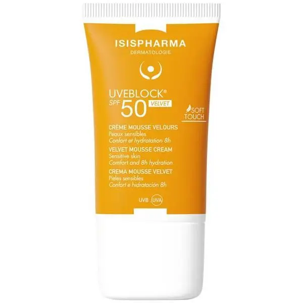 Isispharma Кадифен мус-крем със SPF50+ слънцезащита - Isispharma Uveblock Velvet SPF50+ Velvet Mousse Cream, 40 мл