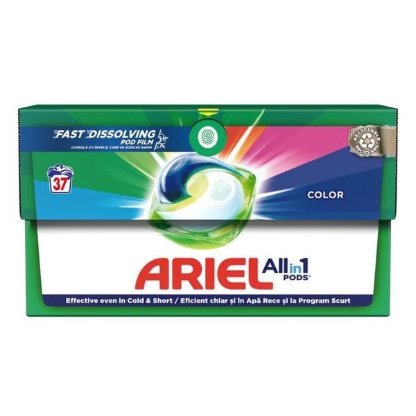 Ariel Капсули с гел за автоматично пране за цветни дрехи - Ariel All in One Pods Color Fast Dissolving, 37 бр