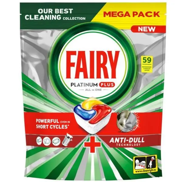 Fairy Капсули за миене на съдомиялни машини - Fairy Platinum Plus Anti-Dull, 59 капсули