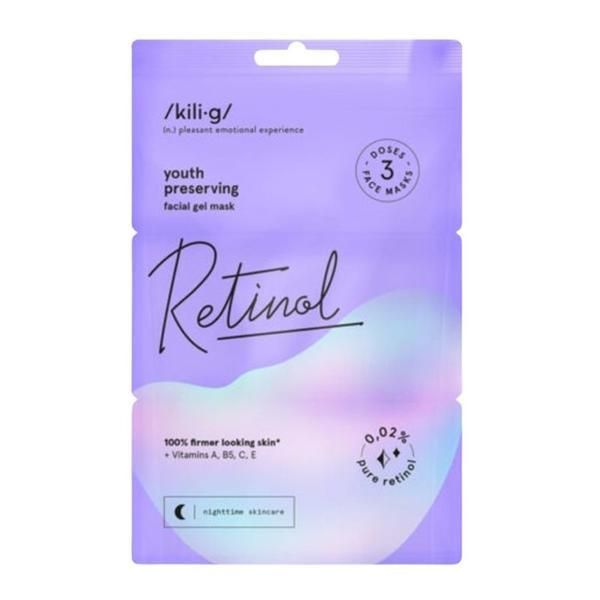 Kilig Комплект от 3 гел маски за лице с ретинол, хиалуронова киселина и масло от ший - Kilig Youth Preserving Face Gel Mask Retinol, 21 гр