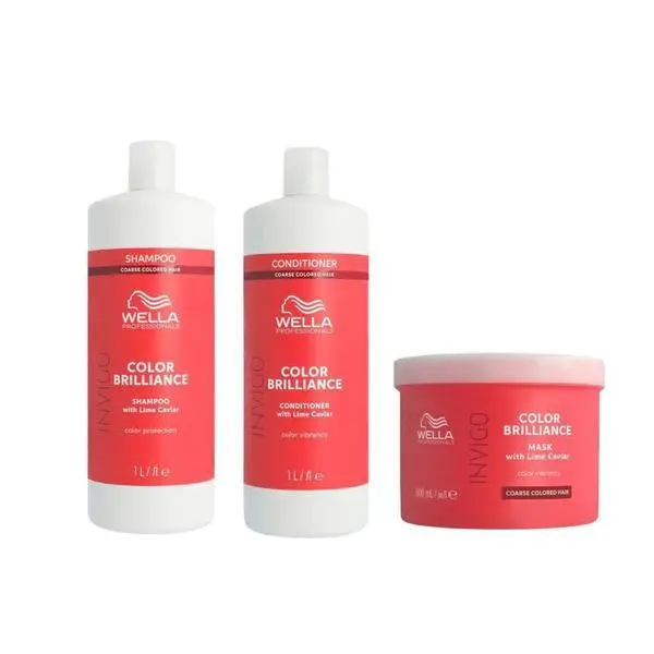 Wella Professionals Комплект за боядисана груба коса - Wella Professionals Invigo Color Brilliance Coarse: Шампоан 1000 мл, Балсам 1000 мл, Маска 500 мл