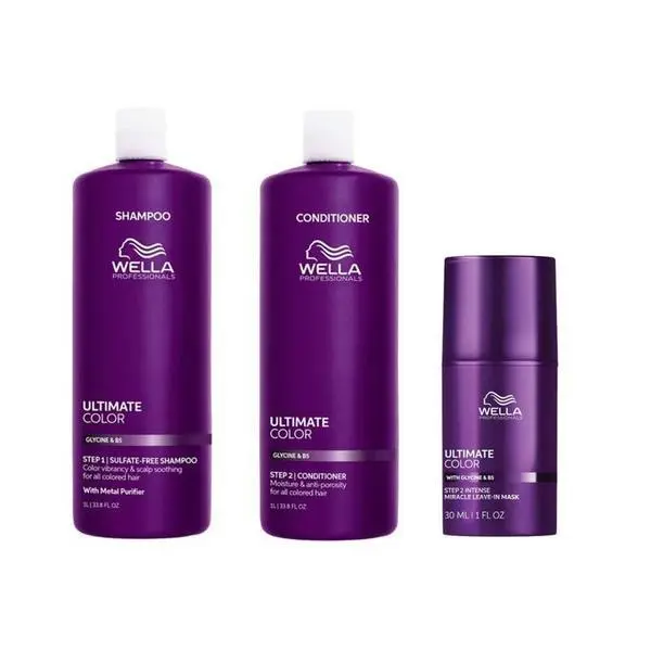 Wella Professionals Комплект за боядисана коса с глицин и B5 - Wella Professionals Ultimate Color: Шампоан 1000 мл, Балсам 1000 мл, Маска без отмиване 30 мл