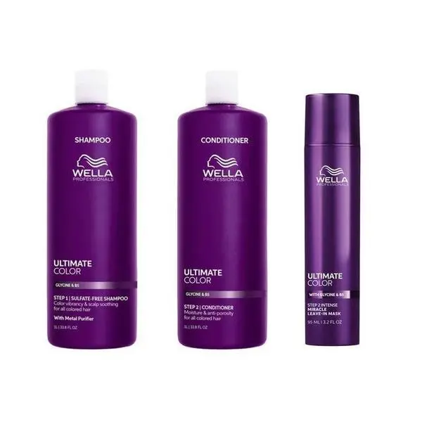 Wella Professionals Комплект за боядисана коса с глицин и B5 - Wella Professionals Ultimate Color: Шампоан 1000 мл, Балсам 1000 мл, Маска без отмиване 95 мл