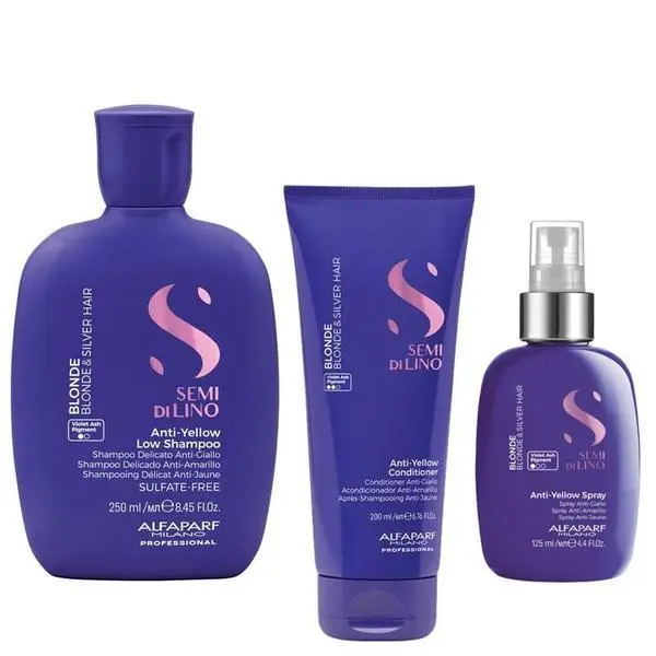 Alfaparf Milano Комплект за неутрализиране на жълти тонове - Alfaparf Milano Semi di Lino Anti-Yellow: Шампоан 250 мл, Балсам 200 мл, Спрей 125 мл