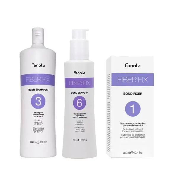 Fanola Комплект за третиране на боядисана или избелена коса - Fanola Fiber Fix: Шампоан, 1000 мл + Балсам без отмиване, 195 мл + Третиране, 300 мл