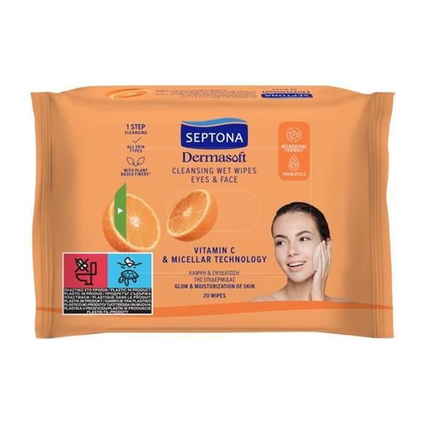 Septona Кърпички за премахване на грим - Septona Dermasoft Vitamin C &amp; Micellar Technology, 20 бр