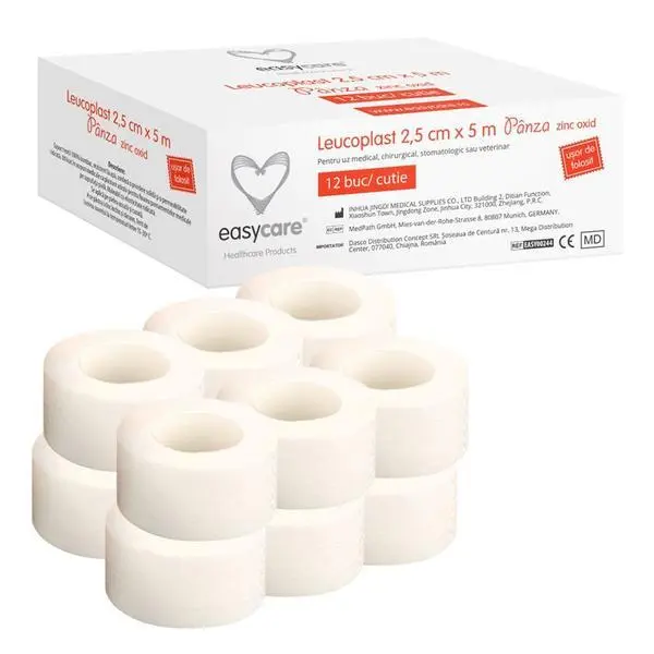 Easy Care Левкопласт Медицински цинков оксиден плат - EasyCare 2,5 см x 5 м, 12 бр