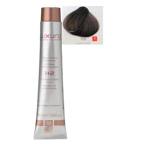 Green Light Луксозна перманентна крем боя, нюанс Biondo Cenere 7.01, Green Light 100 мл