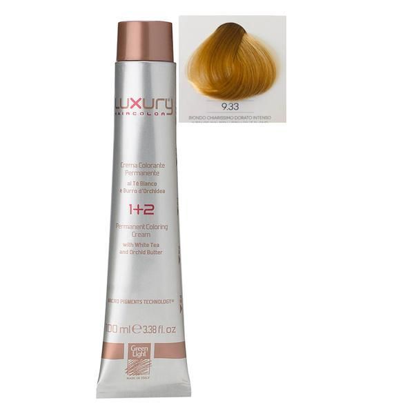 Green Light Луксозна перманентна крем боя, нюанс Biondo Chiarissimo Dorato Intenso 9.33, Green Light 100 мл