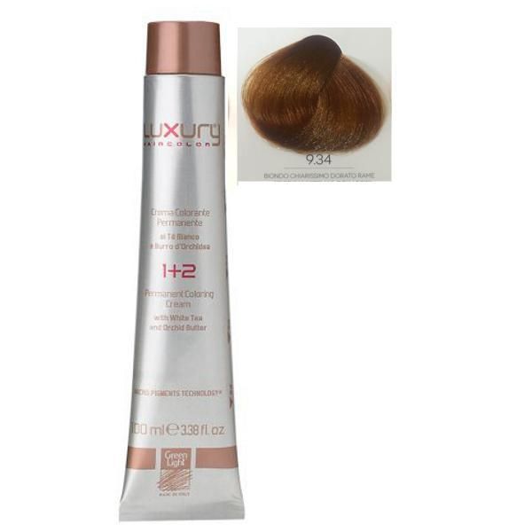 Green Light Луксозна перманентна крем боя, нюанс Biondo Chiarissimo Dorato Rame 9.34, Green Light 100 мл