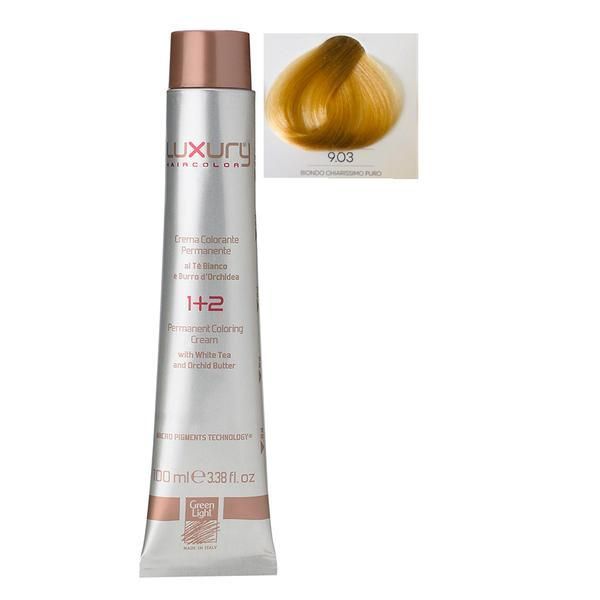Green Light Луксозна перманентна крем боя, нюанс Biondo Chiarissimo Puro 9.03, Green Light 100 мл