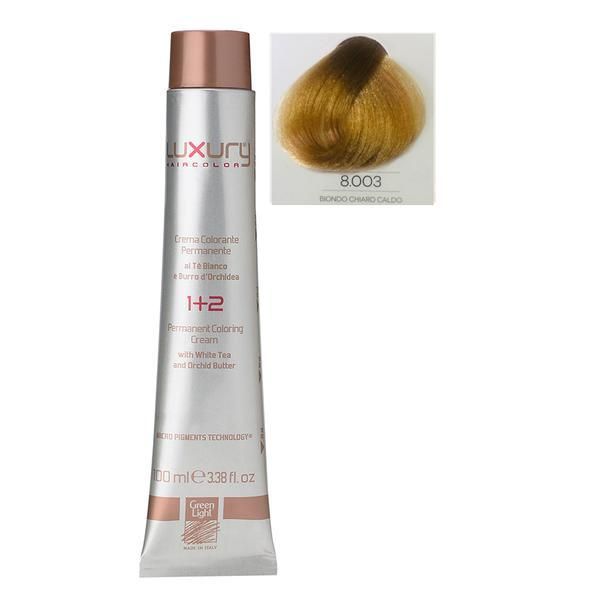 Green Light Луксозна перманентна крем боя, нюанс Biondo Chiaro Caldo 8.003, Green Light 100 мл