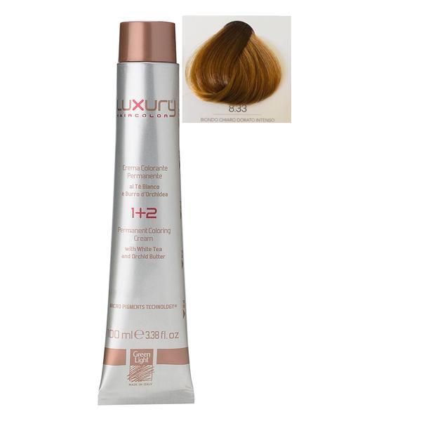 Green Light Луксозна перманентна крем боя, нюанс Biondo Chiaro Dorato Intenso 8.33, Green Light 100 мл