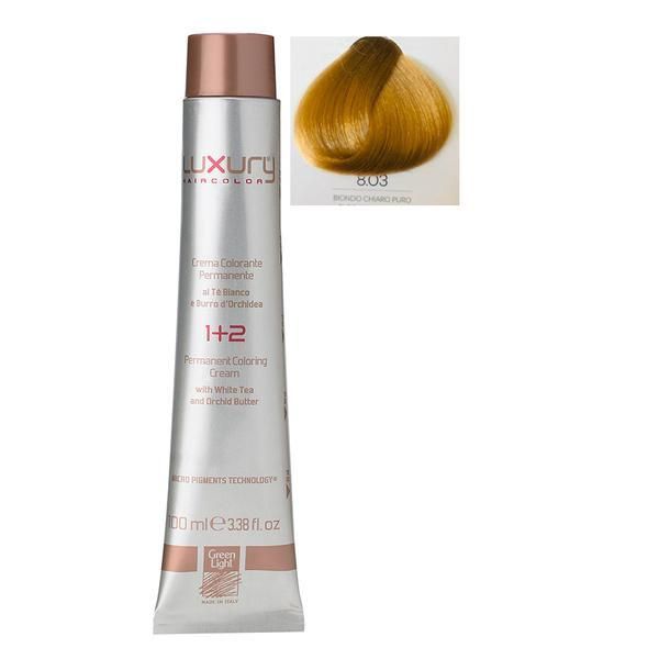 Green Light Луксозна перманентна крем боя, нюанс Biondo Chiaro Puro 8.03, Green Light 100 мл