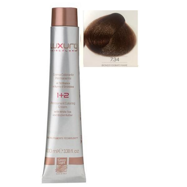 Green Light Луксозна перманентна крем боя, нюанс Biondo Dorato Rame 7.34, Green Light 100 мл