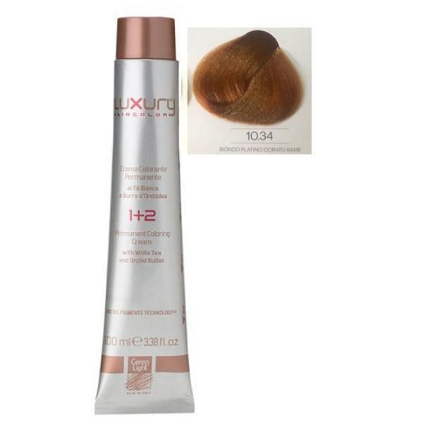 Green Light Луксозна перманентна крем боя, нюанс Biondo Platino Dorato Rame 10.34, Green Light 100 мл