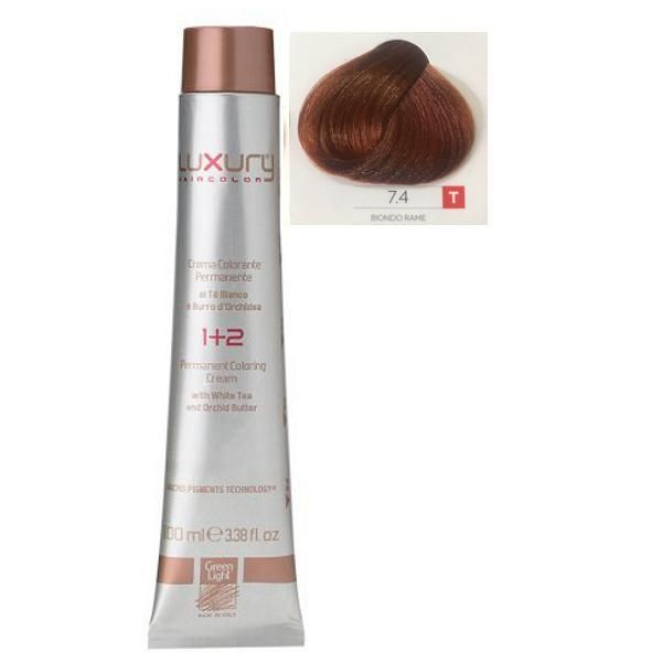 Green Light Луксозна перманентна крем боя, нюанс Biondo Rame 7.4, Green Light 100 мл