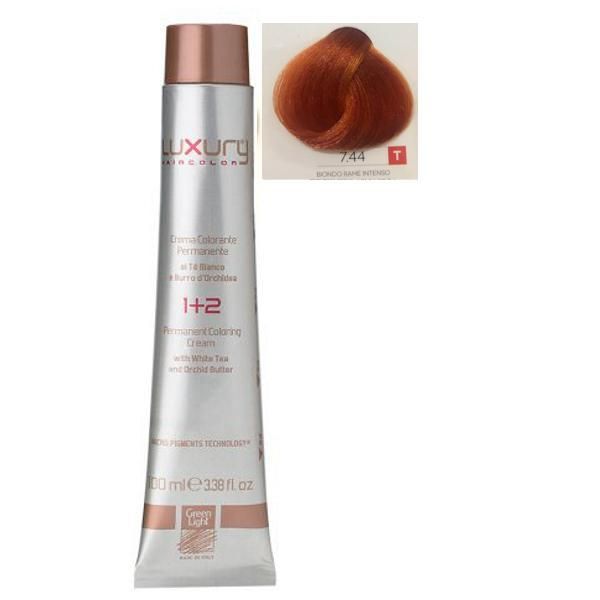 Green Light Луксозна перманентна крем боя, нюанс Biondo Rame Intenso 7.44, Green Light 100 мл