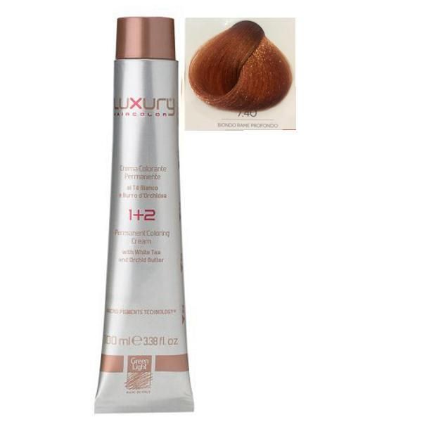 Green Light Луксозна перманентна крем боя, нюанс Biondo Rame Profondo 7.40, Green Light 100 мл