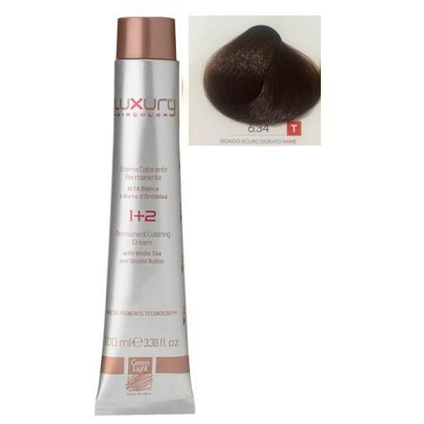 Green Light Луксозна перманентна крем боя, нюанс Biondo Scuro Dorato Rame 6.34, Green Light 100 мл