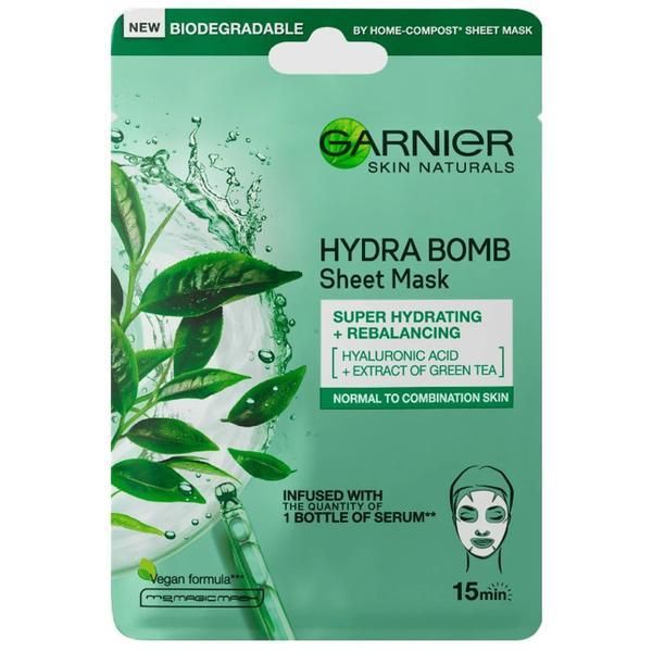 Garnier Маска тип сълфетка Hydrating Mask with Green Tea and Hyaluronic Acid - Garnier Hydra Bomb Sheet Mask, 28 гр