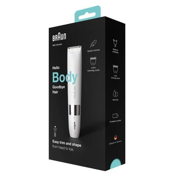 Braun Мини тример за тяло - Braun BS1000, система за мокро и сухо използване, бял