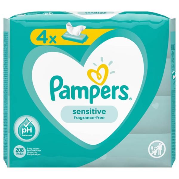 Pampers Мокри кърпички за чувствителна бебешка кожа - Pampers Sensitive, 4x 52 бр