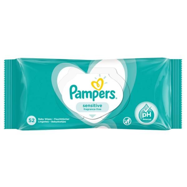 Pampers Мокри кърпички за чувствителна бебешка кожа - Pampers Sensitive, 52 бр