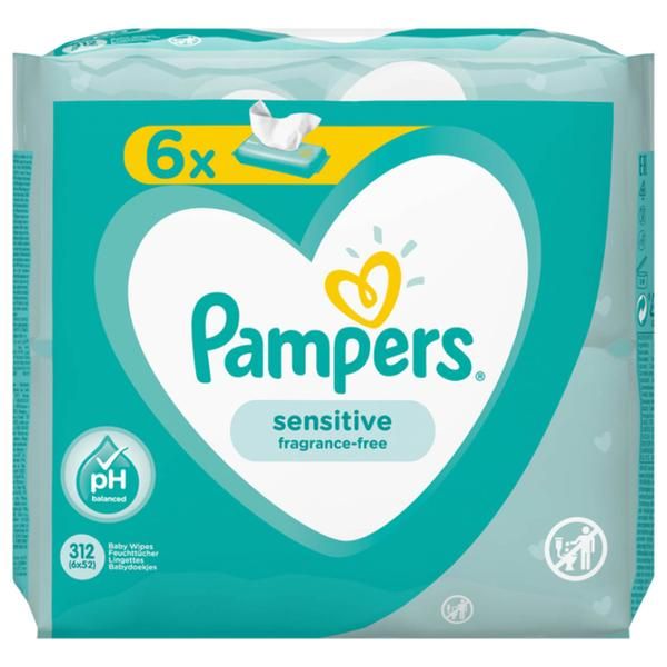 Pampers Мокри кърпички за чувствителна бебешка кожа - Pampers Sensitive, 6x 52 бр
