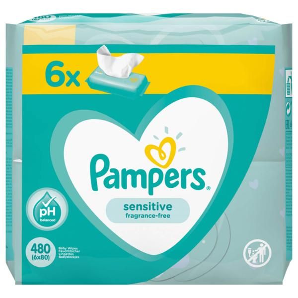 Pampers Мокри кърпички за чувствителна бебешка кожа - Pampers Sensitive, 6x 80 бр
