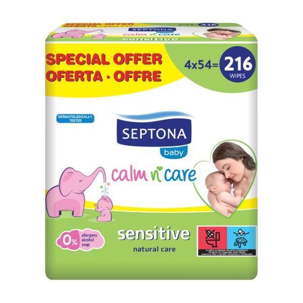 Septona Мокри кърпички за чувствителна бебешка кожа - Septona Baby Calm&#039;n&#039;Care Sensitive Wipes, 54 кърпички x 4 опаковки