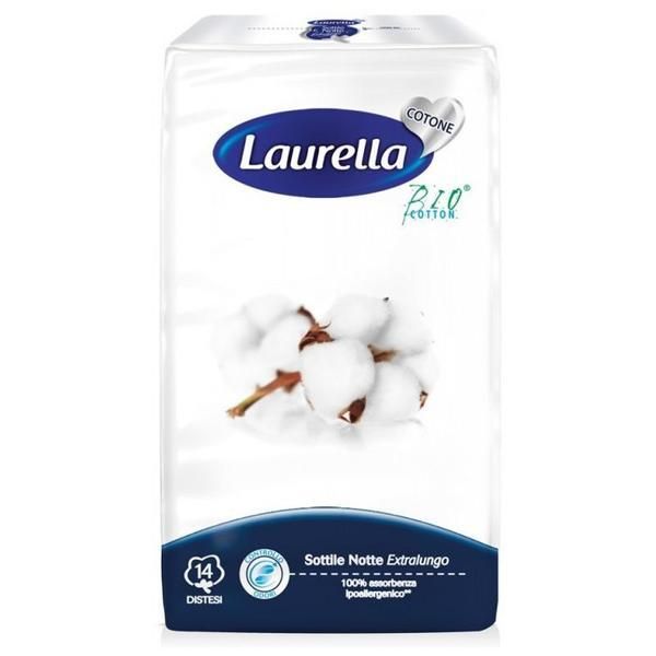 Laurella Bio Cotton Нощни абсорбенти без крила Extra Long от органичен памук - Laurella BIO Cotton, 5 капки, 14 бр