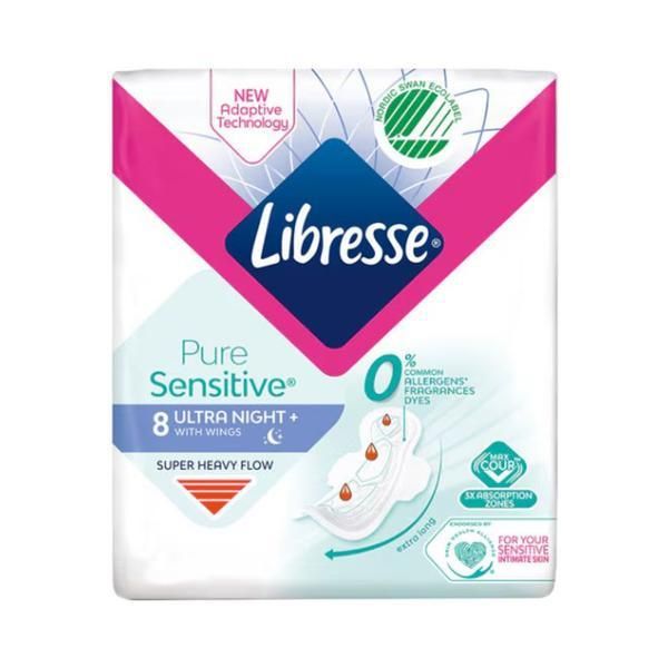 Libresse Нощни абсорбенти с крила - Libresse Pure Sensitive Ultra Night с крила, 8 бр