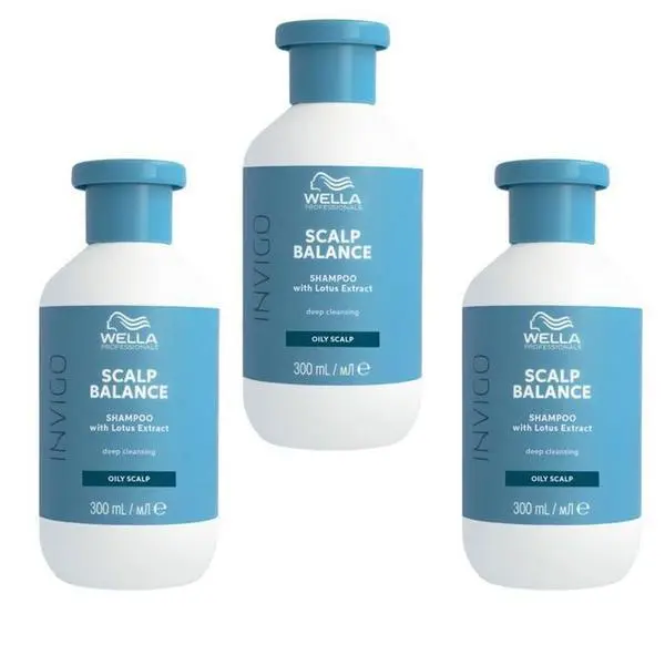 Wella Professionals Опаковка от 3 x Дълбоко почистващ шампоан за мазен скалп - Wella Professionals Invigo Scalp Balance Deep Cleansing, 300 мл