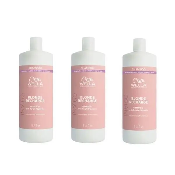 Wella Professionals Опаковка от 3 x Шампоан с виолетов пигмент за неутрализиране на жълти тонове - Wella Professionals Invigo Blonde Recharge, 1000 мл
