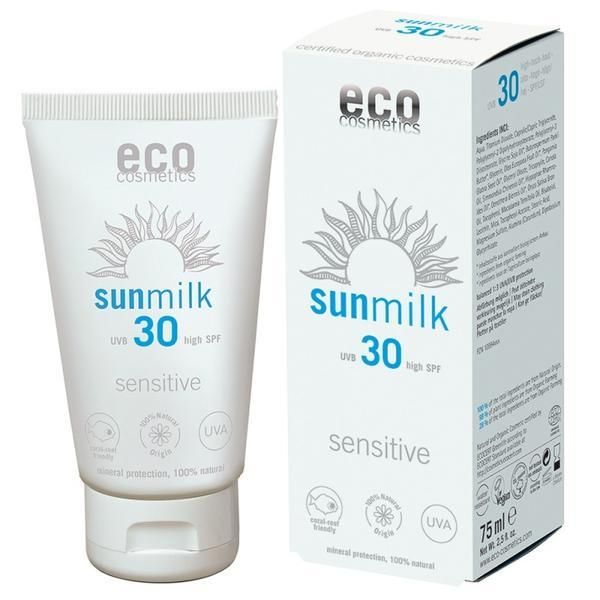 Eco Cosmetics Органично плажно мляко за чувствителна кожа с малиново масло SPF 30 Eco Cosmetics, 75 мл